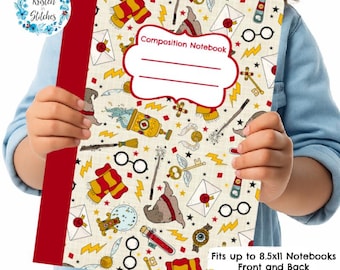 Samenstelling notebookomslag, afdrukbare aanpasbare png, terug naar school papier ambachten, doe-het-zelfboeken, tovenaarsschool, magische hekserijdrankjes