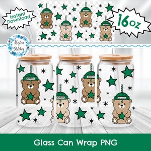 Diseño de osito de peluche para café helado en lata de vidrio de 16 oz, PNG transparente imprimible, diseño para vasos Libbey, diseño para vasos con impresión UV, estrellas verdes, vasos para baristas
