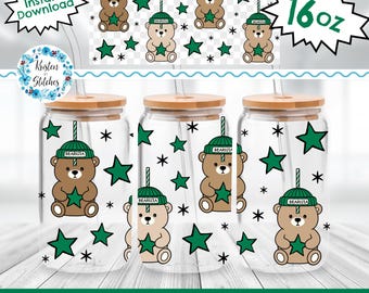 Diseño de osito de peluche para café helado en lata de vidrio de 16 oz, PNG transparente imprimible, diseño para vasos Libbey, diseño para vasos con impresión UV, estrellas verdes, vasos para baristas