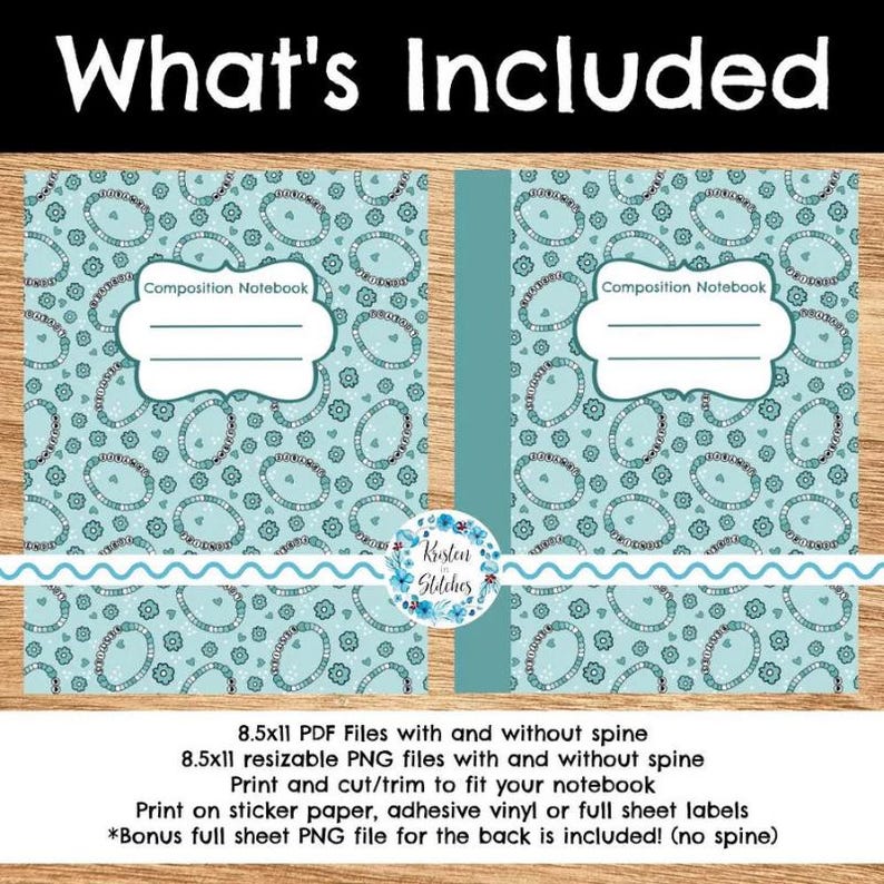 Op de afbeelding: Twee compositieboeken met een turquoise patroon van ovalen en bloemen. Elk notitieboek heeft een wit label met de tekst "Composition Notebook". De tekst "What's Included" staat bovenaan. De afbeelding bevat ook tekst over de meegeleverde bestanden.