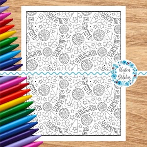 May include: Black and white coloring page with a cheerleading theme. The design includes pom-poms, megaphones, bows, stars, and the word "CHEER" repeated throughout. A set of colorful crayons is visible on the left.