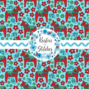 May include: A repeating pattern featuring red Dala horses with green and white accents, red flowers, and green leaves on a light blue background. The image includes the text "Kristen in Stitches" in a floral wreath.