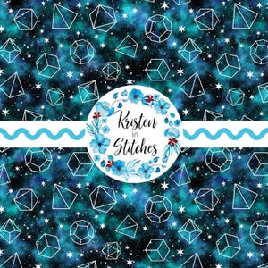 May include: A fabric design featuring a celestial background with geometric shapes and stars. A circular logo with the text "Kristen in Stitches" is surrounded by blue floral elements. A light blue wavy stripe is also present.