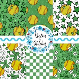 Puede incluir: Un collage de patrones con temática de softbol. Los diseños incluyen pelotas de softbol amarillas, estrellas verdes, lazos y flores sobre varios fondos verdes y blancos. El centro presenta una corona floral con el texto "Kristen in Stitches".