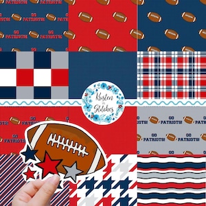 May include: A digital fabric pattern collection featuring American footballs, red, white, and blue plaid, houndstooth, and striped designs. A central circular logo reads Kristen in Stitches, and a football sticker with stars is shown in the foreground.