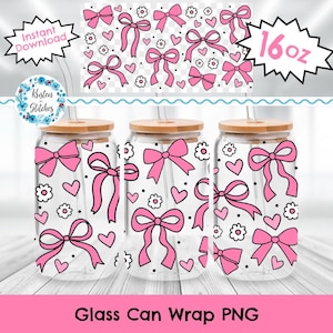 May include: Three glass can wraps with pink bow and heart patterns, wooden lids, and straws. The design includes the text "Glass Can Wrap PNG" and "16 oz". The image also includes the text "Instant Download" and a logo.