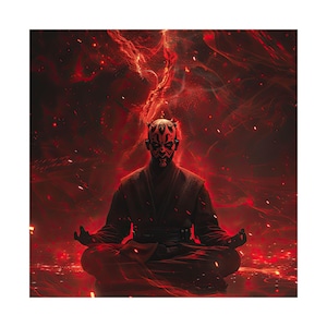 May include: Digital art print depicting a figure in a meditative pose, set against a fiery red backdrop. The figure, with a red and black face, is dressed in dark robes. The artwork conveys a sense of power and intensity.