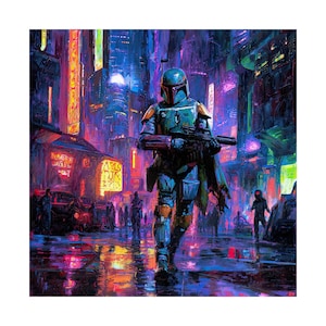 Könnte beinhalten: Ein künstlerisches Gemälde zeigt eine futuristische Stadtlandschaft mit einer Figur in Mandalorianischer Rüstung, die ein Blastergewehr hält. Die Szene ist in Neonfarben getaucht, mit Reflexionen auf einer nassen Straße. Das Kunstwerk hat ein Science-Fiction-Thema.