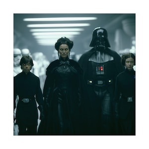 Op de afbeelding: Een groep personages uit de Star Wars-franchise, waaronder Darth Vader, in een donkere, futuristische omgeving. De personages zijn gekleed in zwarte kleding, met de nadruk op de iconische Darth Vader-helm en het kostuum.