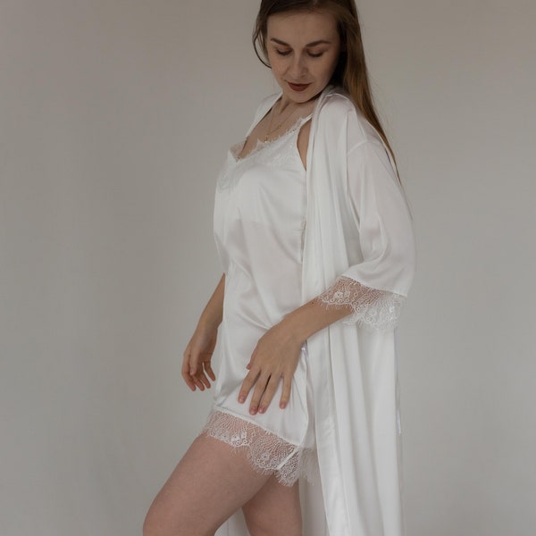 Bridal set, silk nightgown, silk robe, silk set, pajamas for bridemaid, gift, home wear, sleepwear, robe with  feathers, home party outfit