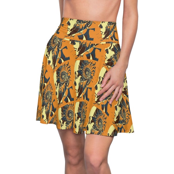 Women's Fibonacci Pattern Skater Skirt - Orange and Black Sunflower Print, High Waisted A-Line Skirt