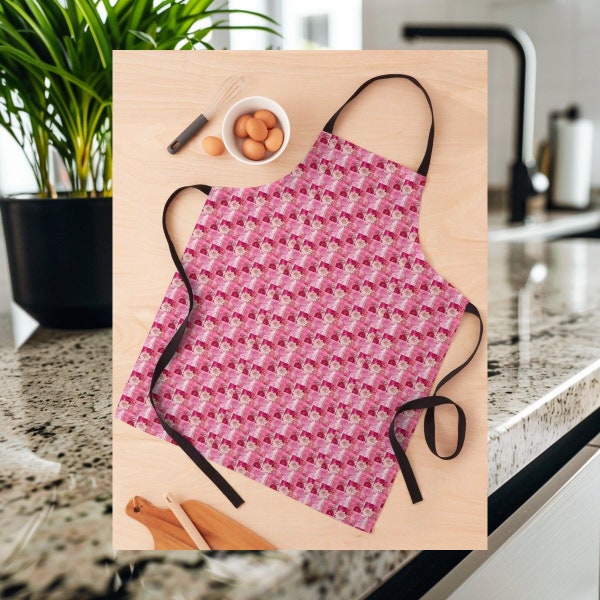 Pink and White Coquette Design Apron, Stylish Baking Apron, Comfortable Kitchen Apron, Chic Gift for Chefs