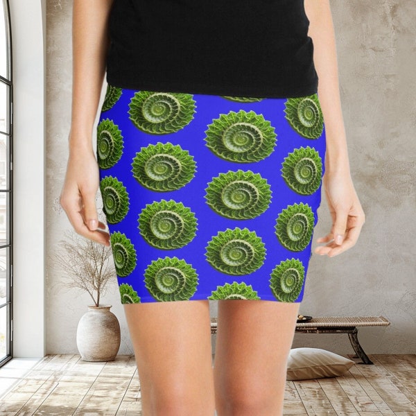 Women's Vibrant Fibonacci Patterned Skirt - Blue Green Stretch Miniskirt - Designer Fashion - Unique Statement Clothing, Chic Gift Idea