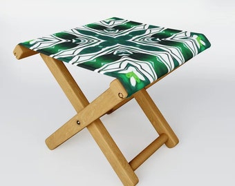 Portable Folding Stool with Green Abstract Art Print, Wooden Legs, Compact and Lightweight Design, Unique Print Decor, Stylish Gift Idea