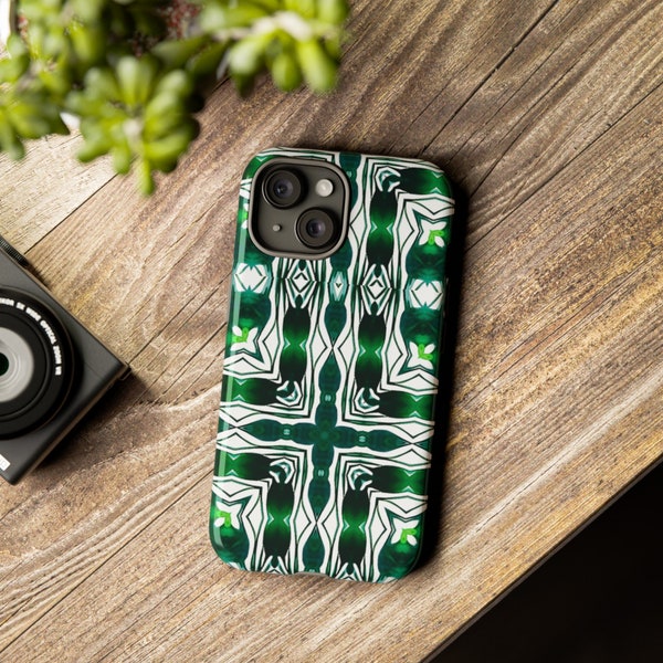 Abstract Geometric Kaleidoscope Pattern Tough Phone Case, Green and White, Stylish Protection, Unique Gift Idea