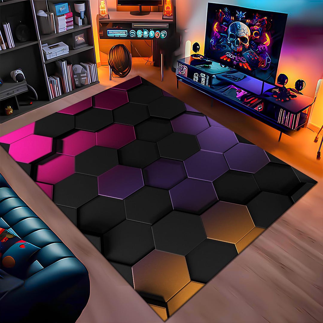 Geometric Gaming Rug Colorful Hexagon Rug,gamer Rug,gaming Rug,game Rug,geometric Rug,play ...