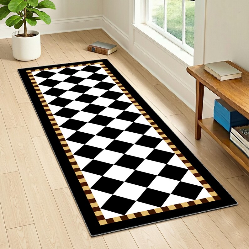 Checkered Runner Rug, Golden Detaill, Chic Black and White, Rectangle ...