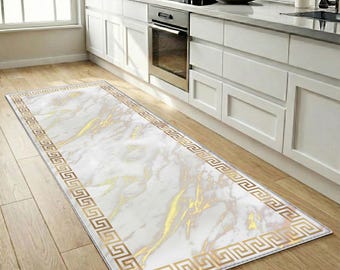 Gold Greek Key Marble Runner Rug - Luxury White and Gold Hallway Carpet - Washable Non-Slip Kitchen Runner - Elegant Modern Entryway Rug