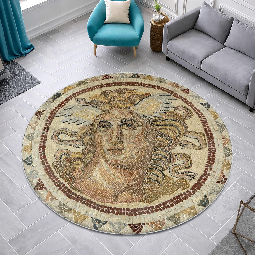 Ancient Medusa Mosaic Round Rug, Greek Mythology Round Carpet, Historic ...