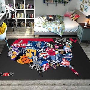 May include: A black and red NBA 2K18 rug with a map of the United States featuring logos of different NBA teams.