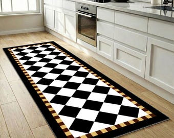 Checkered Runner Rug, Golden Detaill, Chic Black and White, Rectangle Hallway Mat, Stylish Entryway Carpet, Modern Home Decor, Checkered Rug