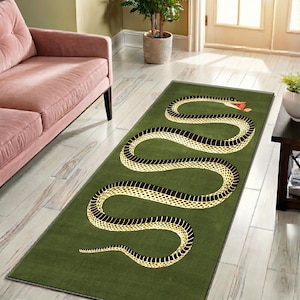 Alfombra de pasillo con diseño de serpiente verde oscuro - Alfombra de pasillo con estética de serpiente mística - Alfombra de cocina antideslizante y lavable - Alfombra ecléctica y maximalista para decoración del hogar