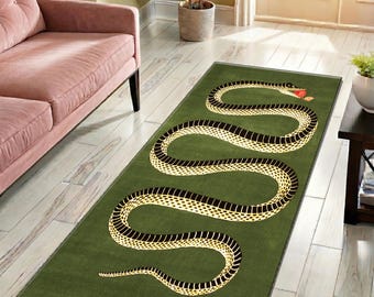 Dark Green Snake Runner Rug - Mystic Serpent Aesthetic Hallway Carpet - Washable Non-Slip Kitchen Runner -Maximalist Eclectic Home Decor Rug