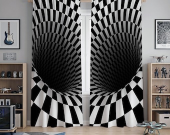 Black White Optical Illusion Curtain, Hypnotic Checkerboard Tunnel Drapes, Modern Geometric Window Panels, Abstract Decor