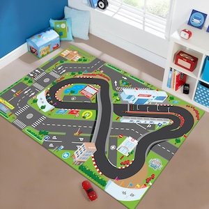 Tapijt racebaan, tapijt racekaart, F1-tapijt, kindertapijt, kleurrijk tapijt, gametapijt, kinderkleed, speelkleed, vloerkleed, kinderkamertapijt, decoratie kinderkamer, cadeau voor kinderen