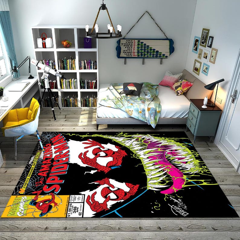 May include: A black and white rug with a comic book design featuring Spider-Man and Venom. The rug has a yellow border and the words "Amazing Spider-Man" are printed in red and white.