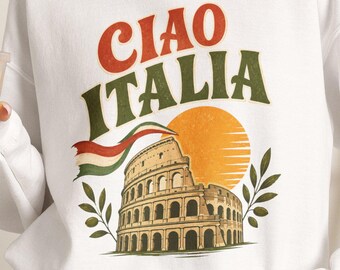 Sweat-shirt unisexe Ciao Italia Colosseum | Voyage vintage au coucher du soleil en Italie | Style vintage voyage en Italie | T-shirt de vacances en Italie
