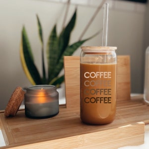 Coffee Cup with Bamboo Lid | Glass Tumbler with Straw | Sipper Glass, 16oz | Cute Coffee Lover Gift | Coffee Addict Gift
