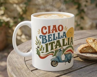 Ciao Bella Vintage Scooter Italy Mug | Retro Vespa, Olive Branch, Sunset | 11oz and 15oz Italy Souvenir Mug