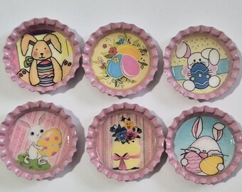 Easter Bunny Themed Bottle Caps Charms: Set of 6 Pink or Teal