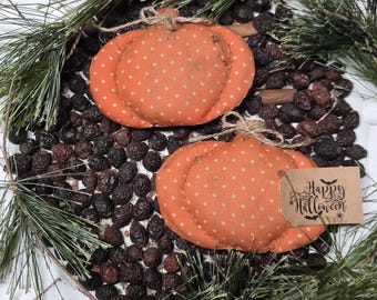 Grungy Farmhouse Halloween Pumpkin Ornaments: Hand-Stitched Bowl Fillers, Set of 2