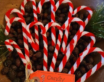 ~12 Primitive STRIPED HOMESPUN Fabric Candy Canes Christmas Ornaments Farmhouse
