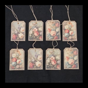 8 Primitive Vintage Floral ROSES Shabby Chic Scrapbook Embellishments Ephemera Hang Tags Gift Vendor Price Tags DIY Cardstock Tree Ornaments