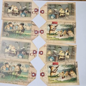 Set van 8 verschillende primitieve boerderij vintage nostalgische paaskuikens lente hang tags cadeau stropdassen boomornamenten ornies doe-het-dagboeken
