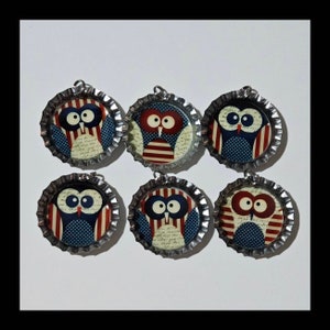 6 Americana Patriotic July 4 Red White Blue OWL Silver Bottle Cap Charms Mini Tree Ornies Ornaments Jewelry Party Favors Twig Feather Trees