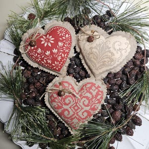 Farmhouse Valentine Heart Ornaments: Grungy Prim Bowl Fillers, Set of 3