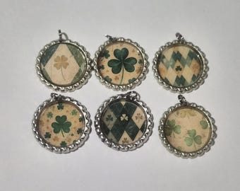 6 Silver Bottle Cap Charms St. Patricks Day Shamrocks; Mini Tree Ornaments