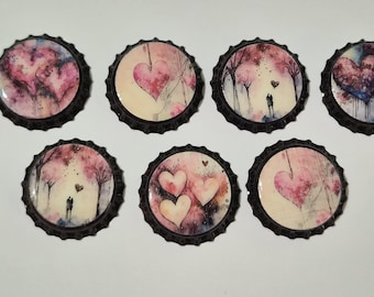 Hearts Love Valentine Bottle Cap Charms: Miniature Ornaments, Party Favors (Set of 7)