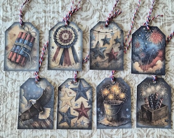 Americana July 4 Hang Tags: Farmhouse Gift Ties, Patriotic Decor (Set of 8)