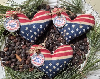 Americana Heart Bowl Fillers: Primitive Patriotic Ornaments, Choice of 1 or 3