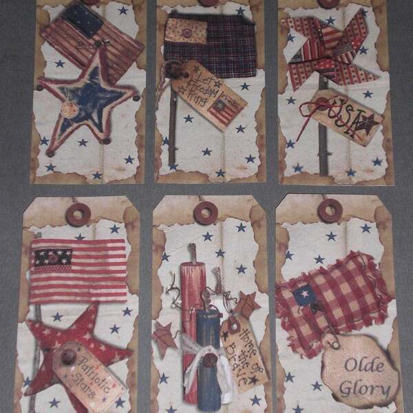 Set of 6 Primitive Hang Tags with Cotton String Ties -July 4 - American Flag - Americana - Vintage Look - Tags