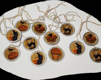 12 Primitive 1 1/4" Metal Rimmed Hang Tags Gift Ties Halloween Pumpkin Jack O Lantern Black Cat Crow Mini Tree Ornaments