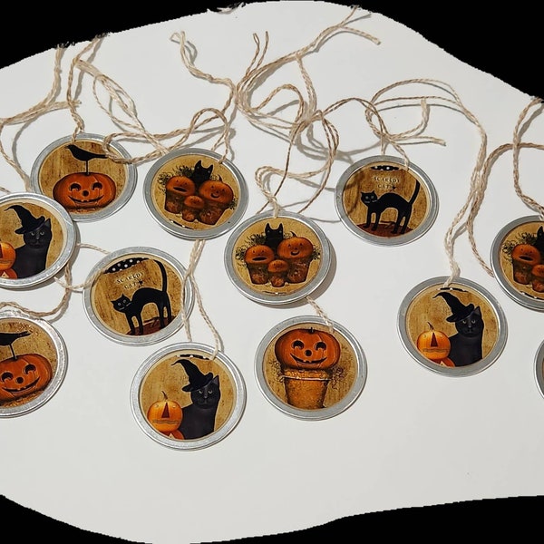 12 Primitive 1 1/4" Metal Rimmed Hang Tags Gift Ties Halloween Pumpkin Jack O Lantern Black Cat Crow Mini Tree Ornaments