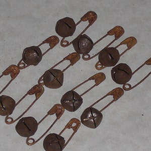 12 Primitive Safety Pins and 12 Rusty Jingle Bells 10mm 13mm or 18mm Supplies for Crafting Scrapbooking Ornies Dollies and More image 1