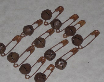 12 Primitive Safety Pins and 12 Rusty Jingle Bells 10mm 13mm or 18mm Supplies for Crafting Scrapbooking Ornies Dollies and More