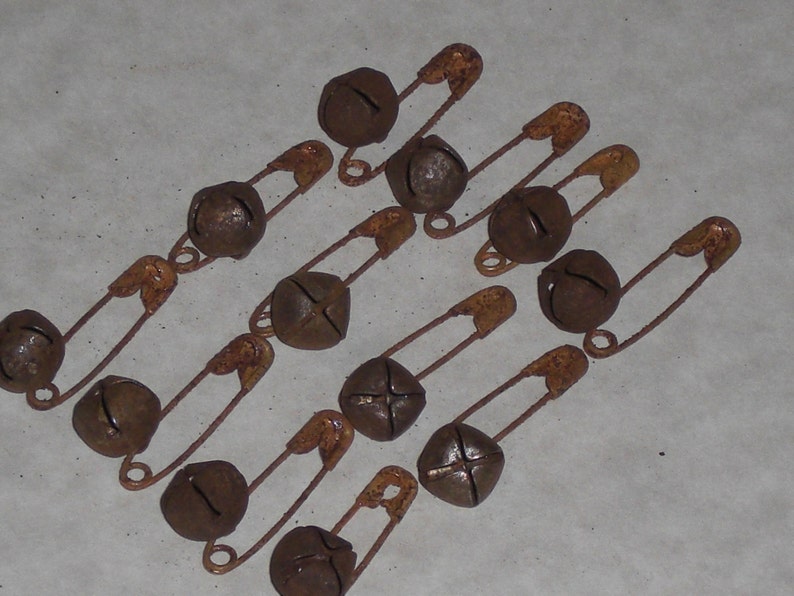 12 Primitive Safety Pins and 12 Rusty Jingle Bells 10mm 13mm or 18mm Supplies for Crafting Scrapbooking Ornies Dollies and More image 1
